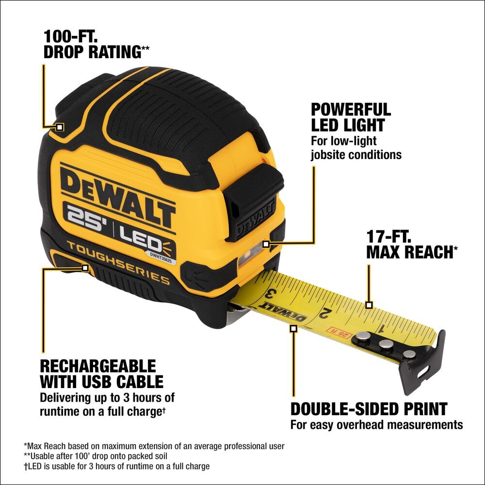 DeWALT DWHT35625S TOUGHSERIES 25' Lighted Tape Measure w/ USB Charging Cable - Image 3