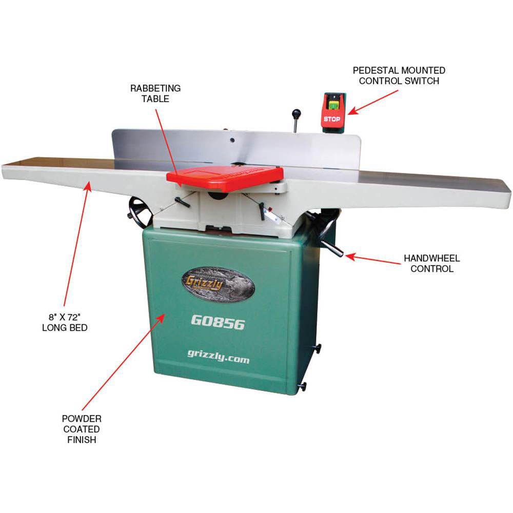 Grizzly G0856 230V 8 Inch x 72 Inch Jointer with Spiral Cutterhead & Mobile Base - Image 6