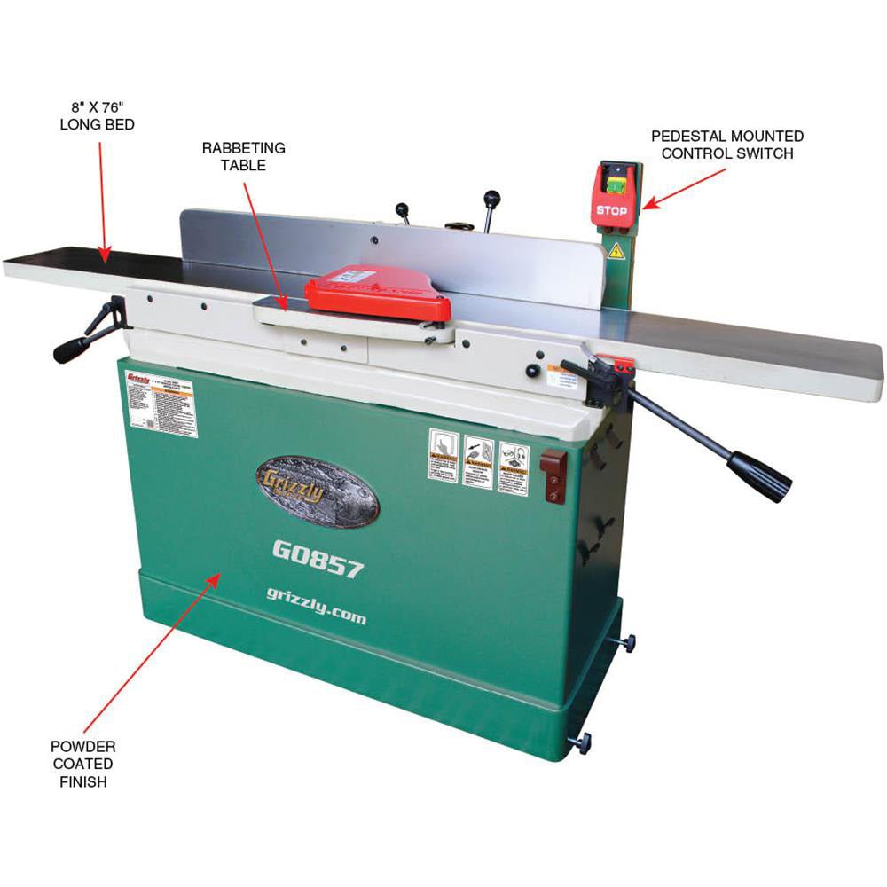 Grizzly G0857 230V 8 Inch x 76 Inch Parallelogram Jointer with Mobile Base - Image 3