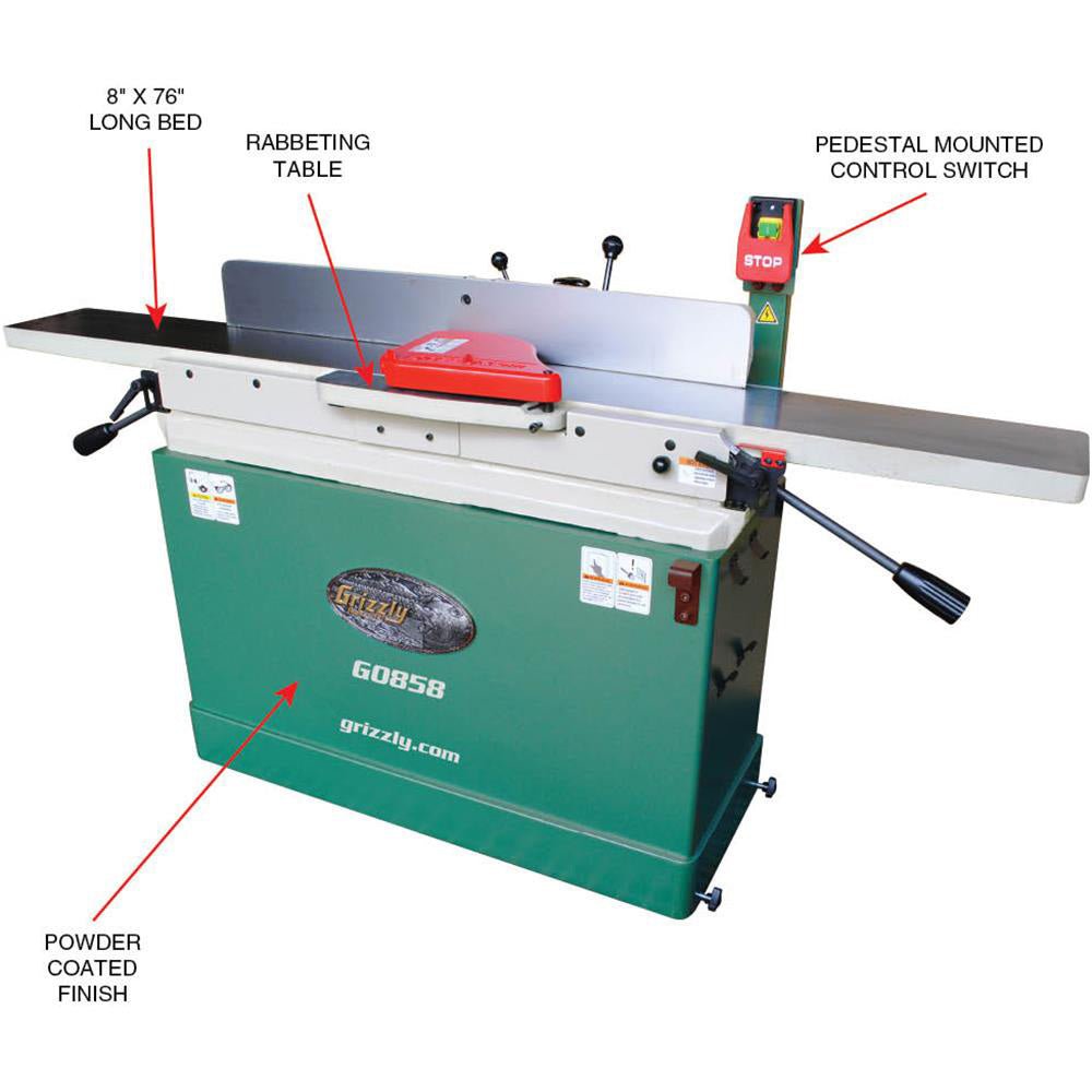 Grizzly G0858 230V 8 x 76 Parallelogram Jointer Spiral Cutterhead Mobile Base - Image 2