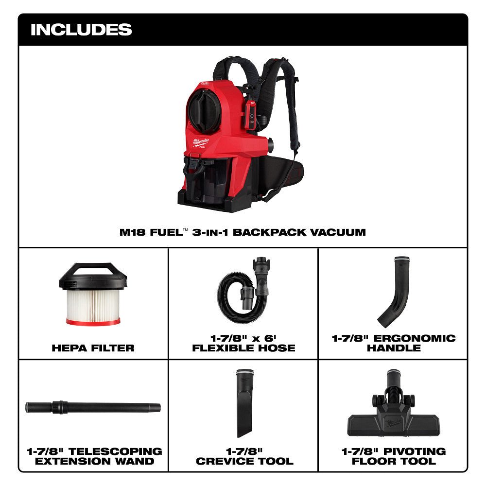 Milwaukee 0895-20 M18 FUEL 18V 3-in-1 Cordless Backpack Vacuum - Bare Tool - Image 3
