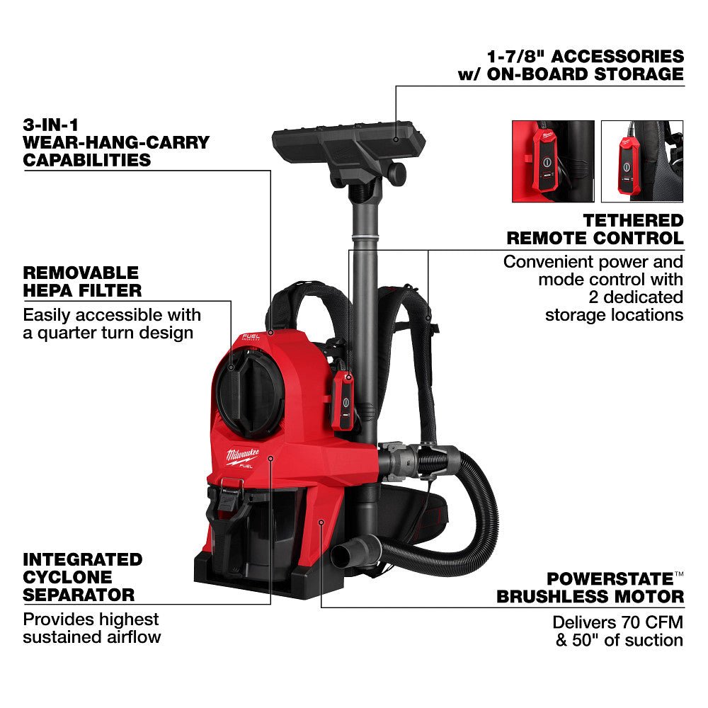 Milwaukee 0895-20 M18 FUEL 18V 3-in-1 Cordless Backpack Vacuum - Bare Tool - Image 4