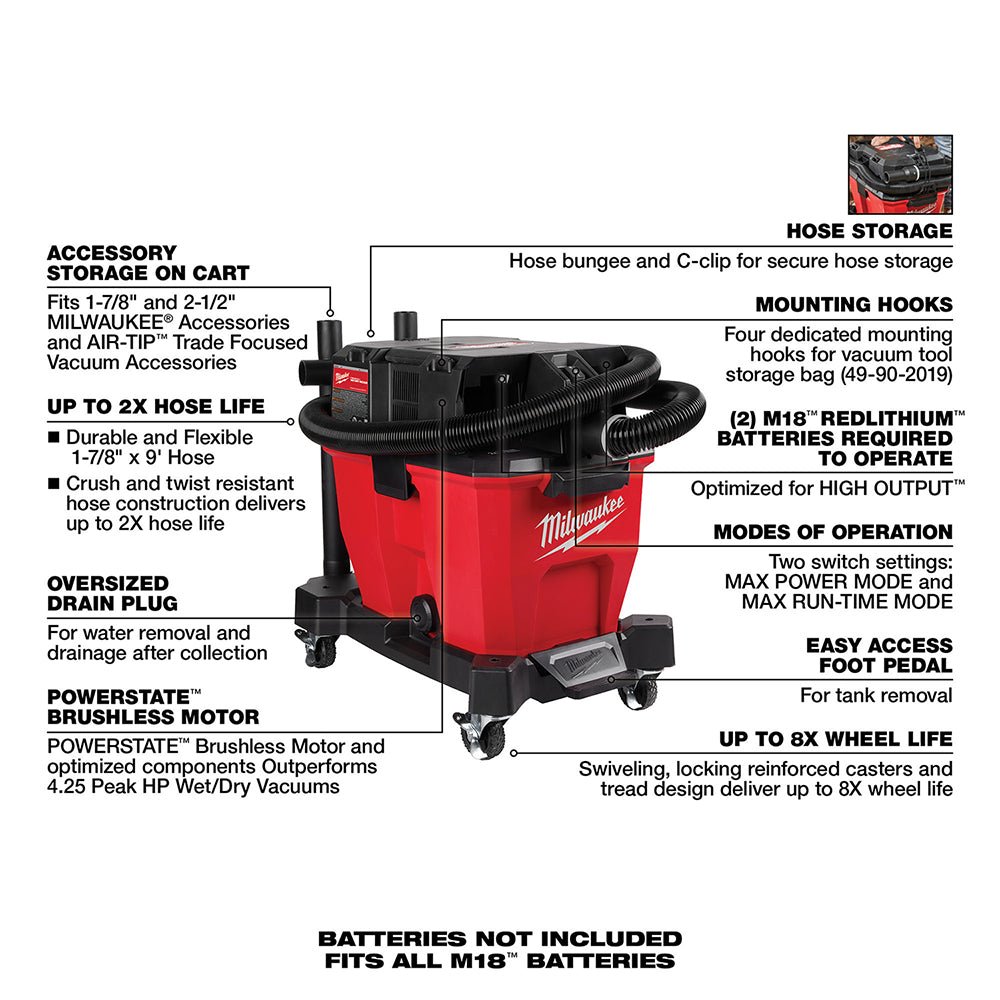 Milwaukee 0920-20DS M18 FUEL 9 Gallon Wet/Dry Vacuum w/ Debris Separator - Image 8