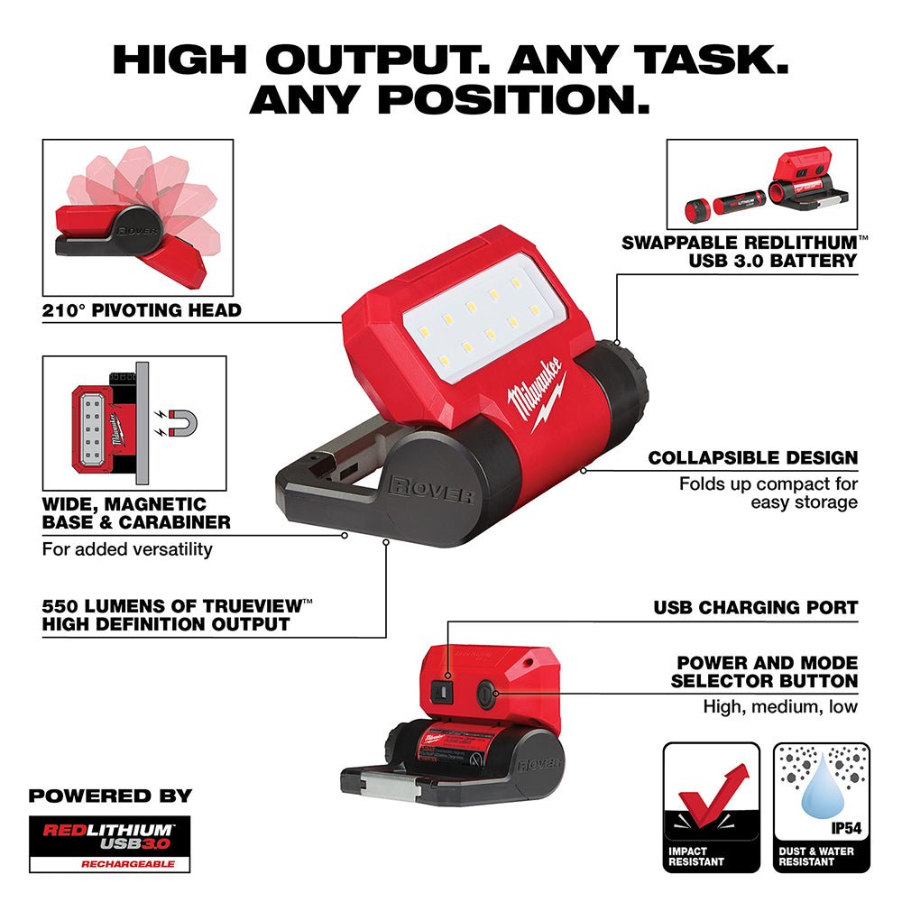 Milwaukee 2114-21 550-Lumen USB Rechargeable Rover Pivoting Flood Light - Image 3