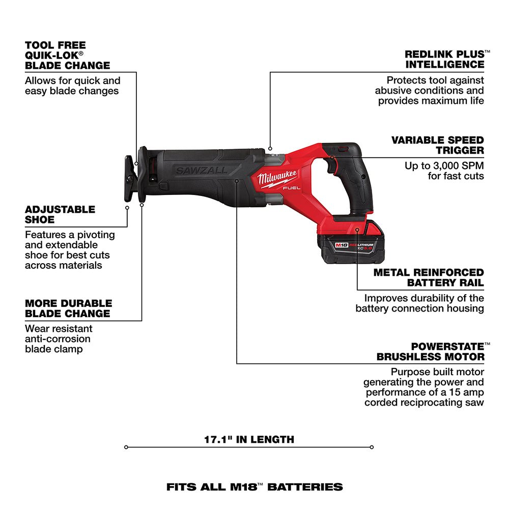 Milwaukee 2821-21x8S M18 FUEL SAWZALL Recip Saw Bundle Kit w/ 1 Battery XC5.0 - Image 8