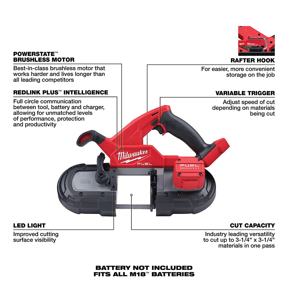 Milwaukee 2829-20ETM M18 FUEL Compact Bandsaw and 3PK 8/10TPI Blades - Image 6