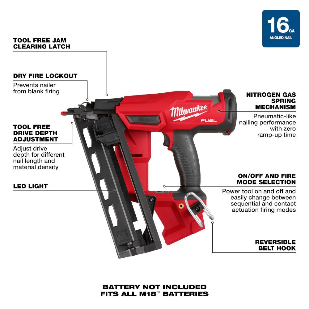 Milwaukee 2841-20 M18 FUEL Ergonomic 16 Gauge Angled Finish Nailer - Bare Tool - Image 3