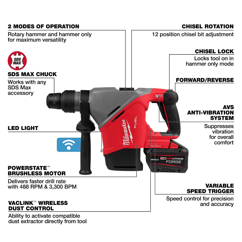 Milwaukee 2917-22HD M18 FUEL 1-9/16" SDS Max Rotary Hammer Kit w/ ONE KEY - Image 4