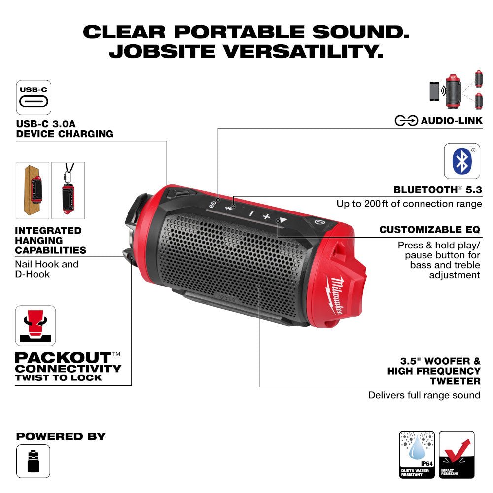 Milwaukee 2955-20 M12 12V PACKOUT Cordless Bluetooth Jobsite Speaker - Bare Tool - Image 11
