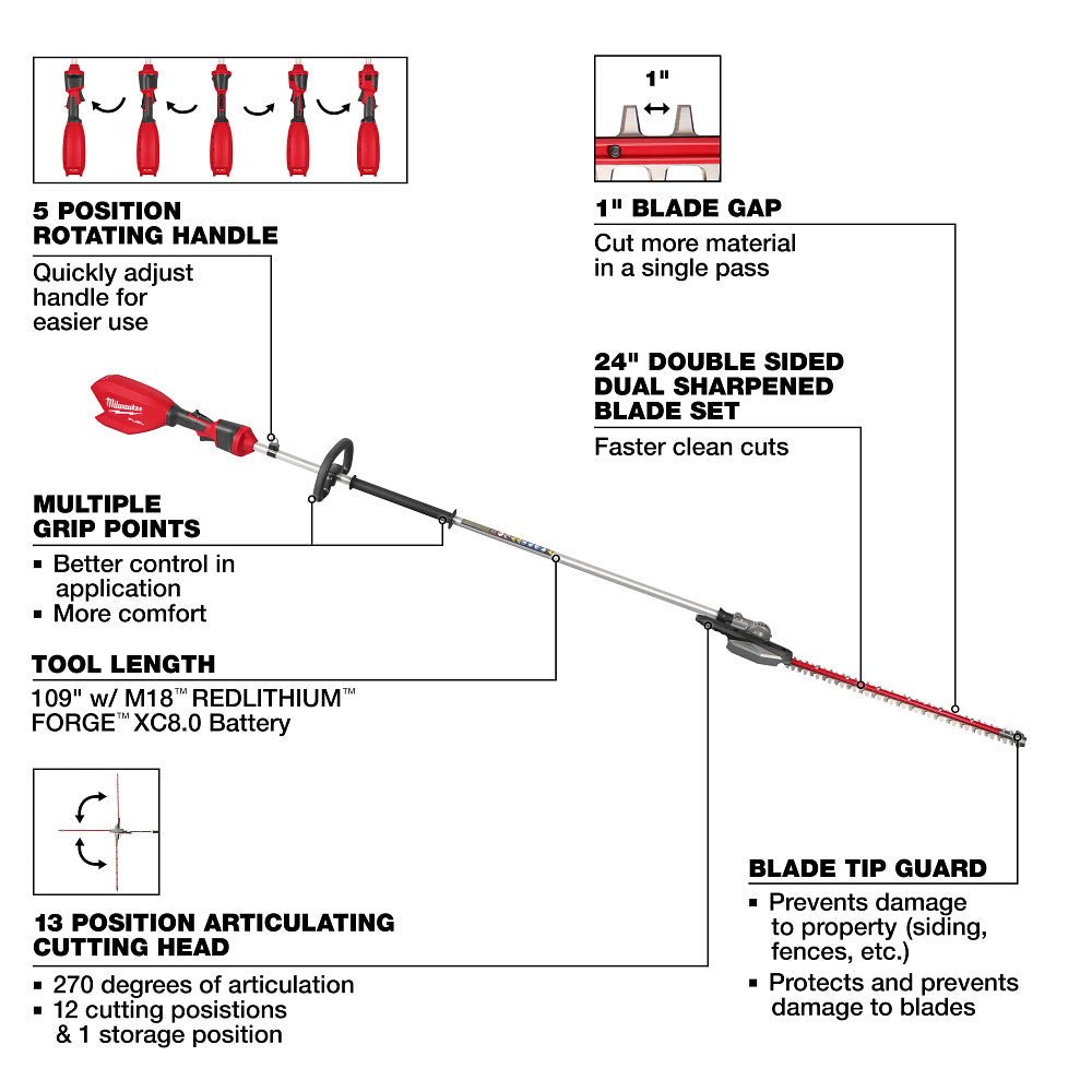 Milwaukee 3035-20 M18 FUEL 18V Extended Pole Hedge Trimmer - Bare Tool - Image 3