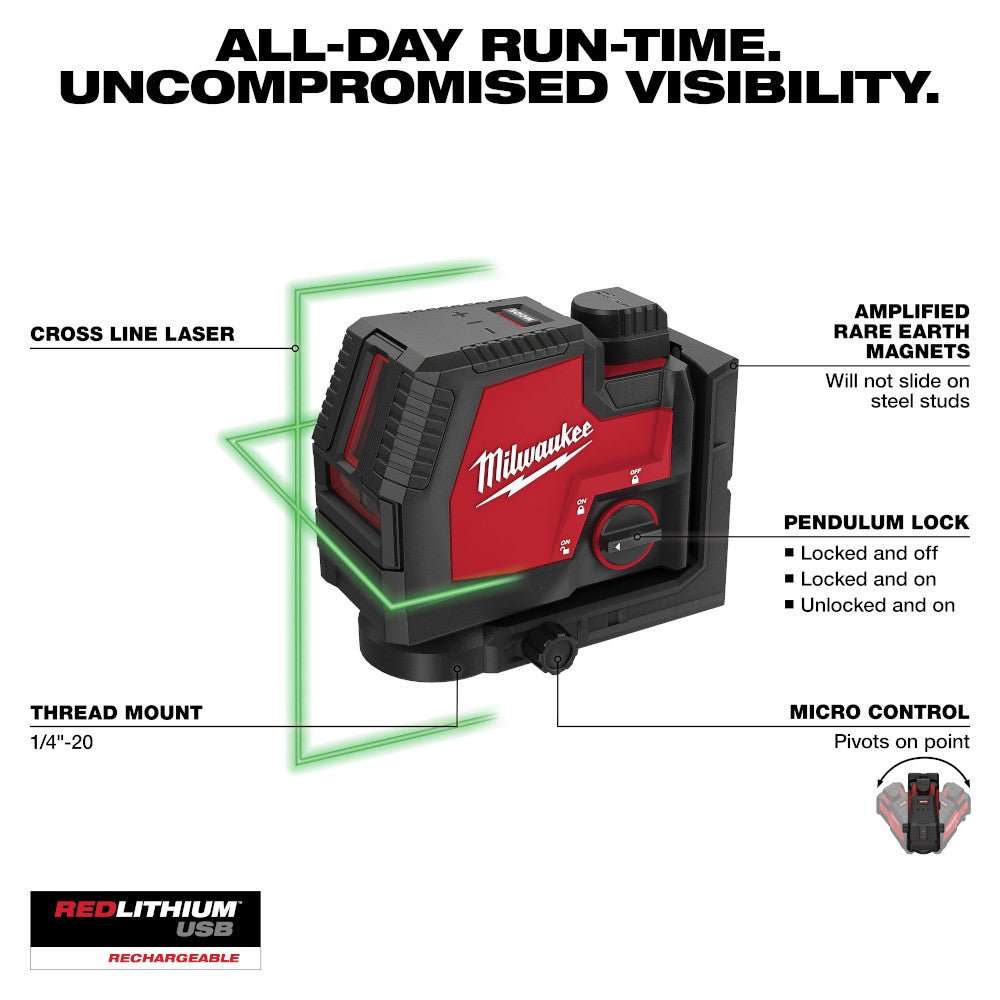 Milwaukee 3521-21TP USB Rechargeable Green Cross Line Laser w/ Tri-pod - Image 4