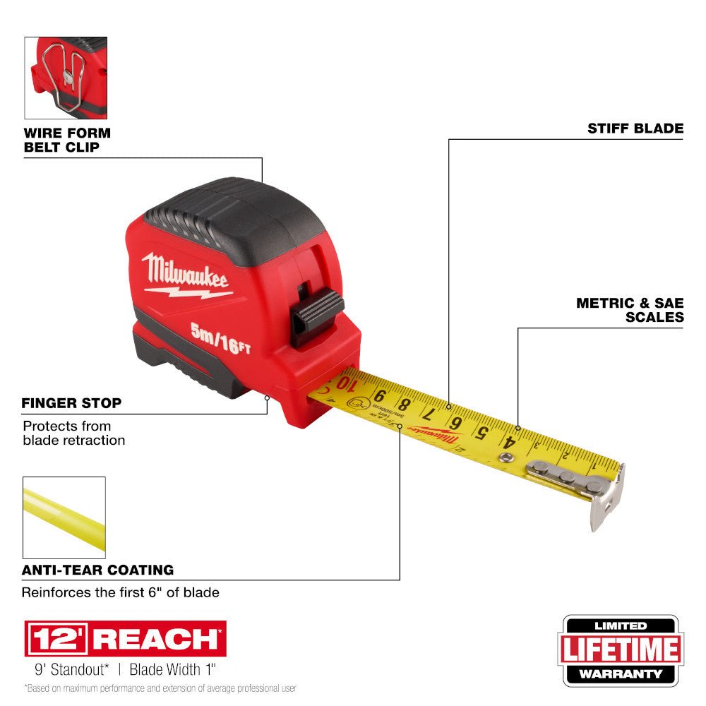 Milwaukee 48-22-1717 5m-16' Compact Impact Resistant Tape Measure w/ Belt Clip - Image 2