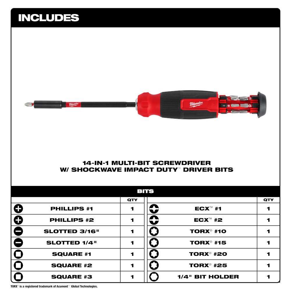Milwaukee 48-22-2915 14-in-1 Multi-Bit Screwdriver W/ SHOCKWAVE Impact Duty Bits - Image 2