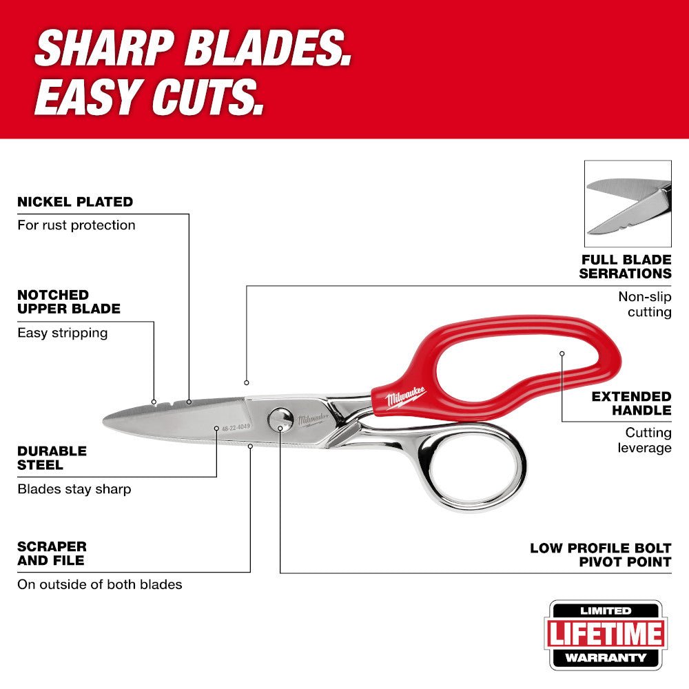Milwaukee 48-22-4049 Durable Sharp Steel Electrician Scissors w/ Extended Handle - Image 3