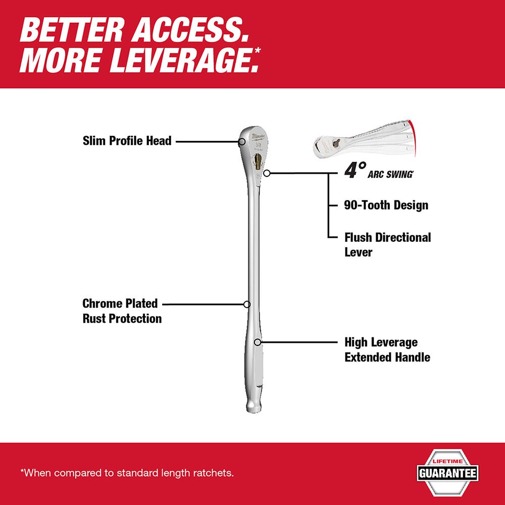 Milwaukee 48-22-9037 3/8” Drive 12” Ratchet Chrome Plated w/ Extended Handle - Image 2