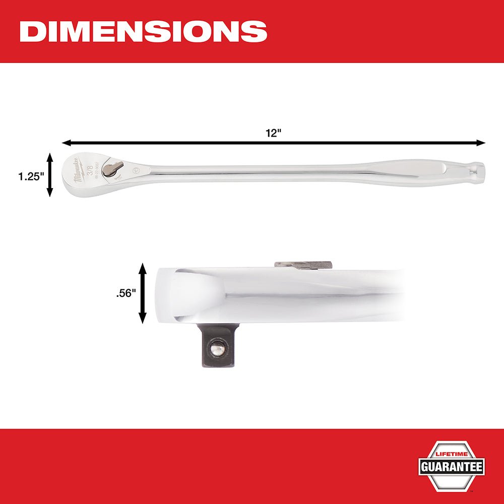 Milwaukee 48-22-9037 3/8” Drive 12” Ratchet Chrome Plated w/ Extended Handle - Image 3
