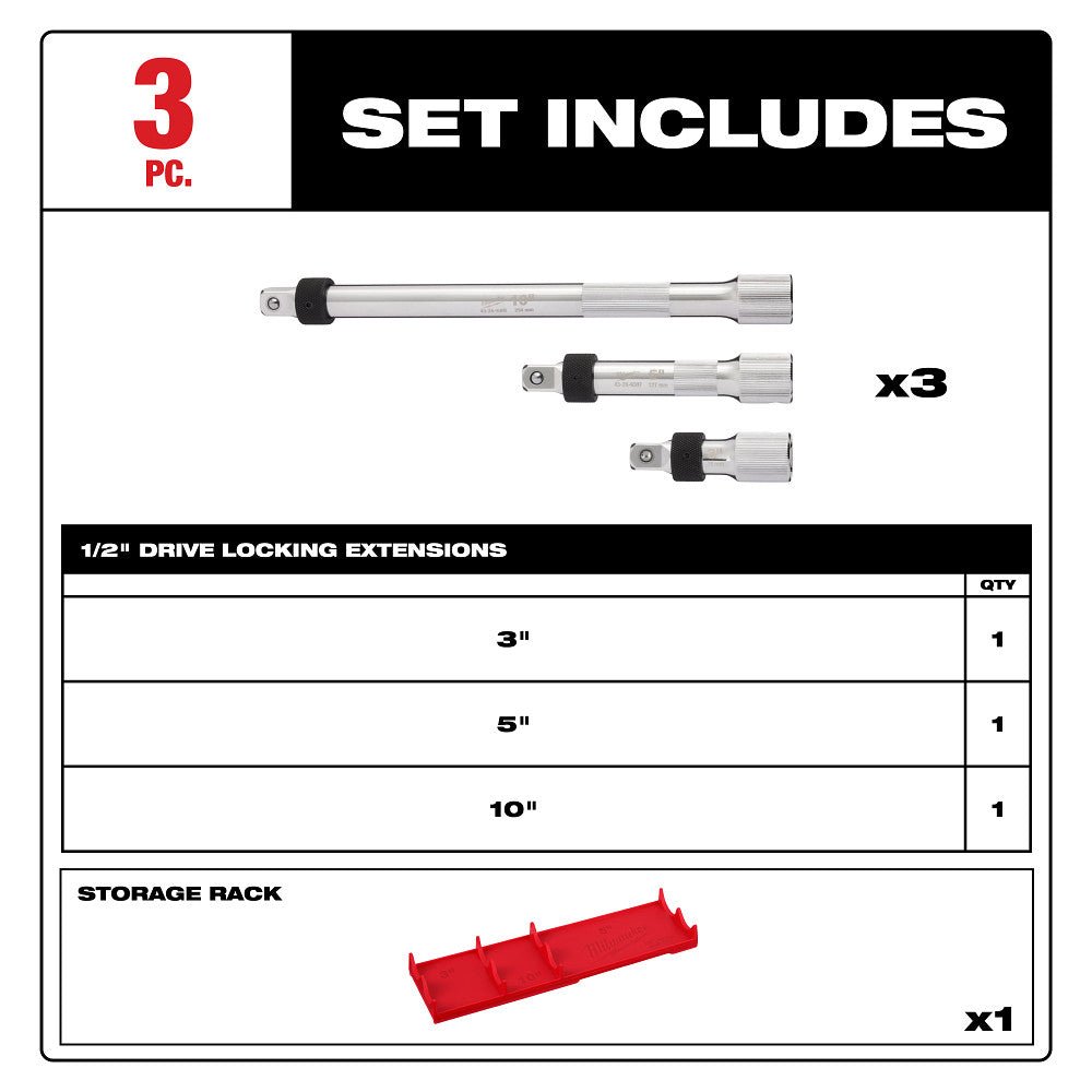 Milwaukee 48-22-9362 1/2" Drive Locking Extension Set w/ Storage Rack - 3pc - Image 4