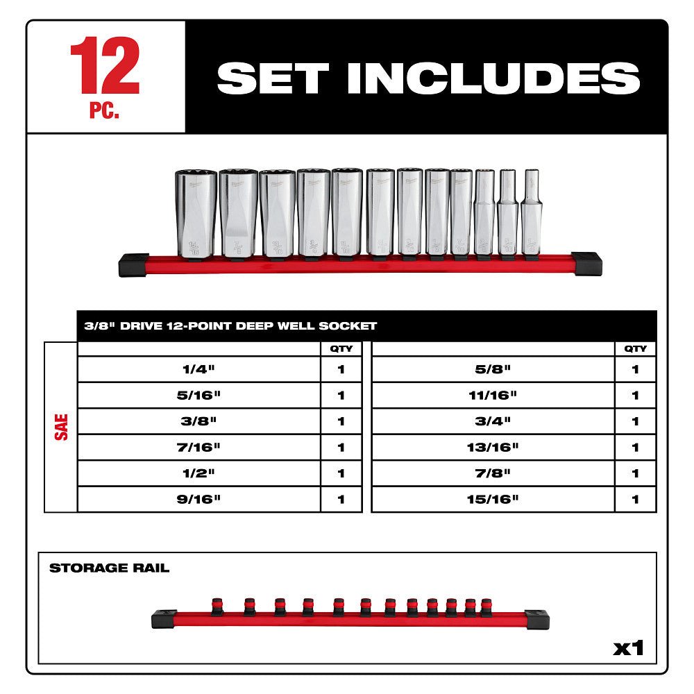 Milwaukee 48-22-9421 3/8" Drive 12-Point Deep Well SAE Socket Set - 12 PC - Image 2