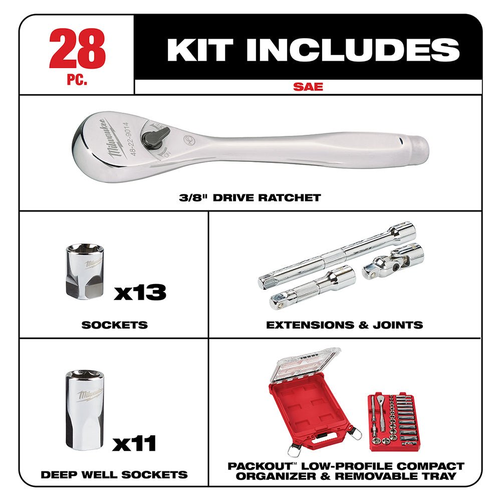 Milwaukee 48-22-9481 3/8” Ratchet SAE Mechanics Tool Set w/ Packout Case - 28pc - Image 2