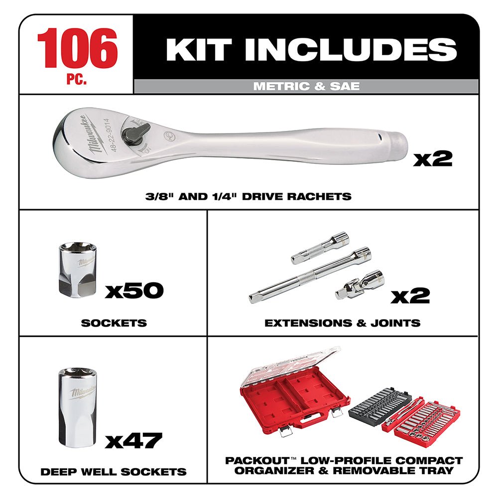 Milwaukee 48-22-9486 1/4"-3/8” Ratchet Socket Set w/ PACKOUT Case - 106pc - Image 2