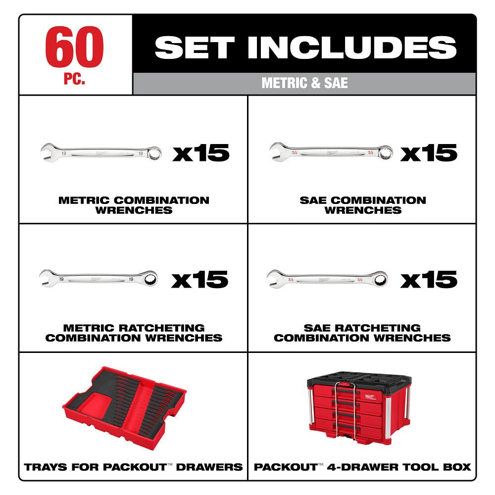 Milwaukee 48-22-9492 Metric/SAE Wrench Set w/ PACKOUT 4 Drawer Tool Box - 60PC - Image 2