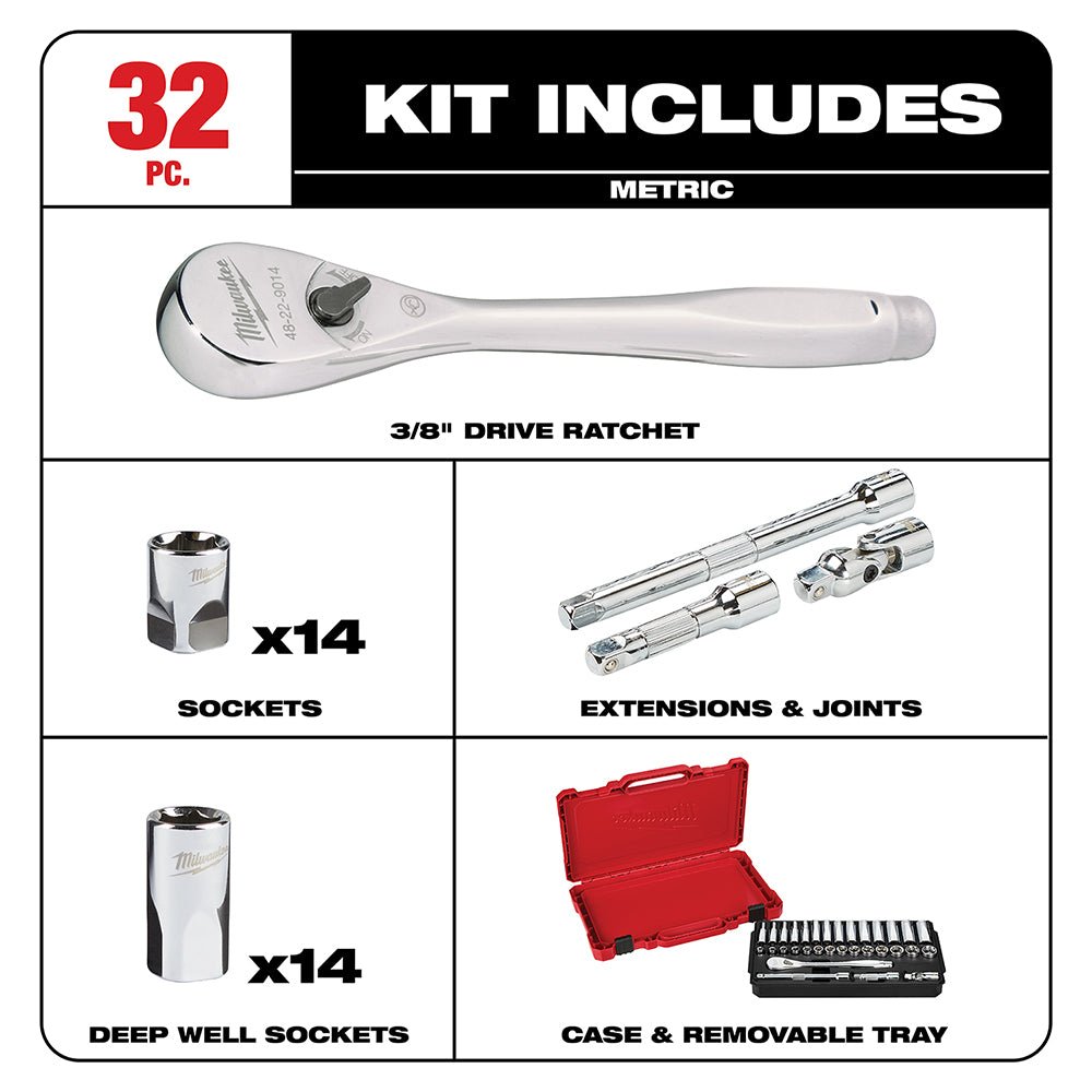 Milwaukee 48-22-9508 3/8-Inch Drive Durable Metric Ratchet and Socket Set - 32pc - Image 2