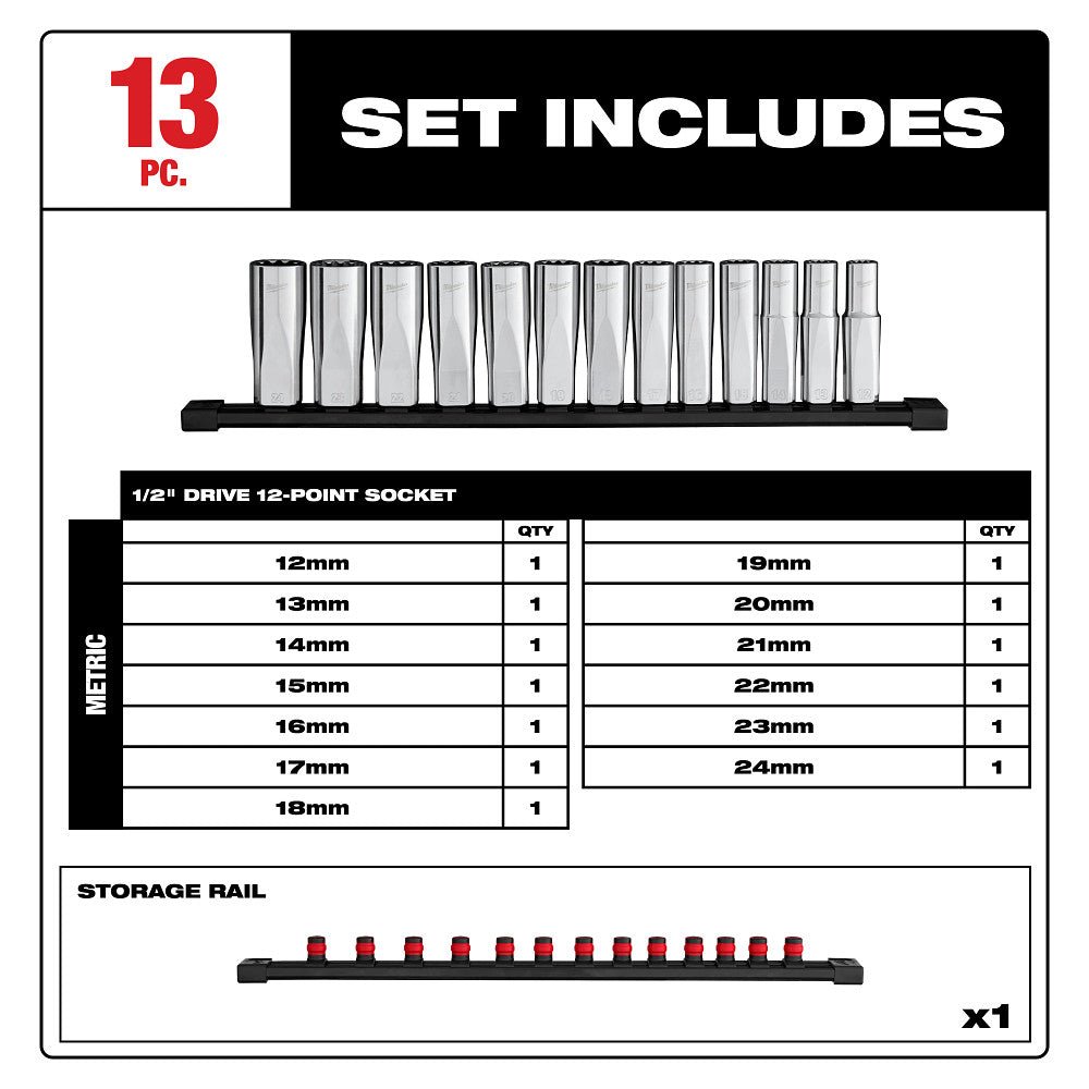 Milwaukee 48-22-9524 1/2" Drive 12-Point Deep Well Metric Socket Set - 13 PC - Image 2