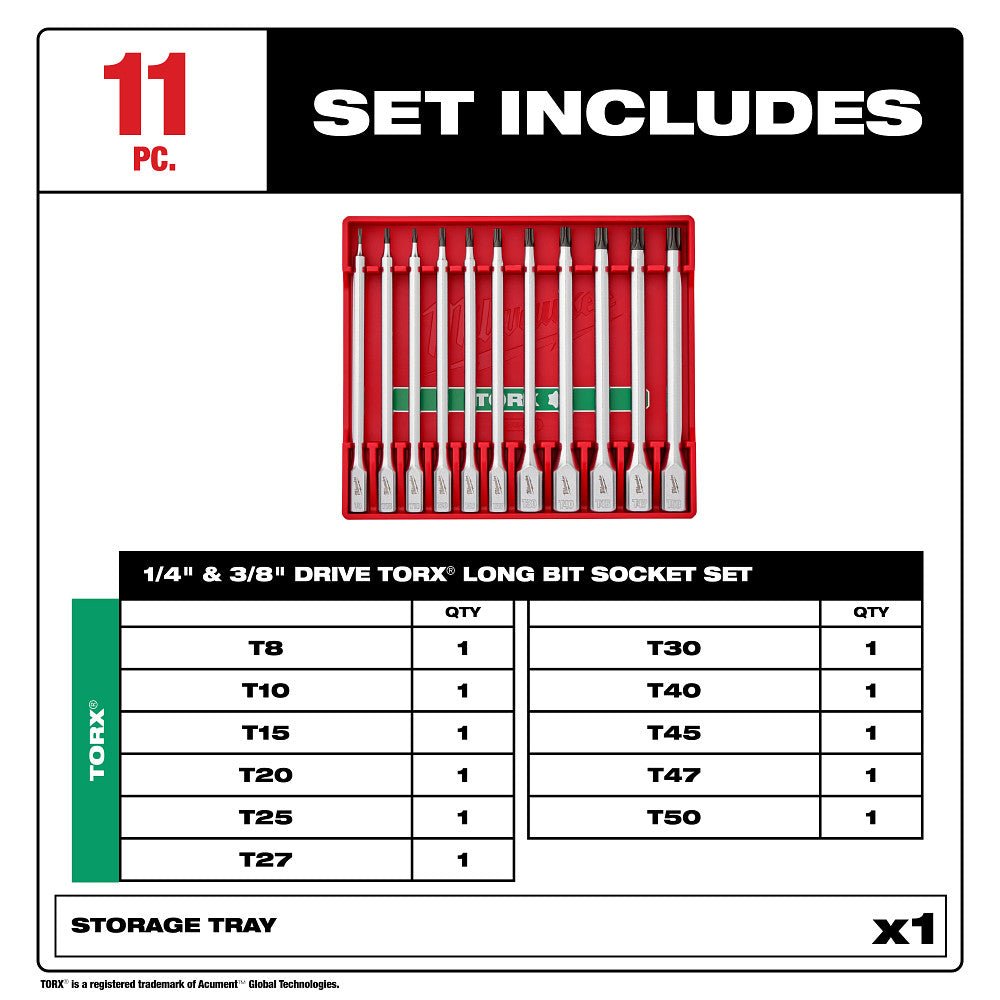 Milwaukee 48-22-9534 1/4" - 3/8" Drive Long TORX Bit Socket Set - 11 PC - Image 2
