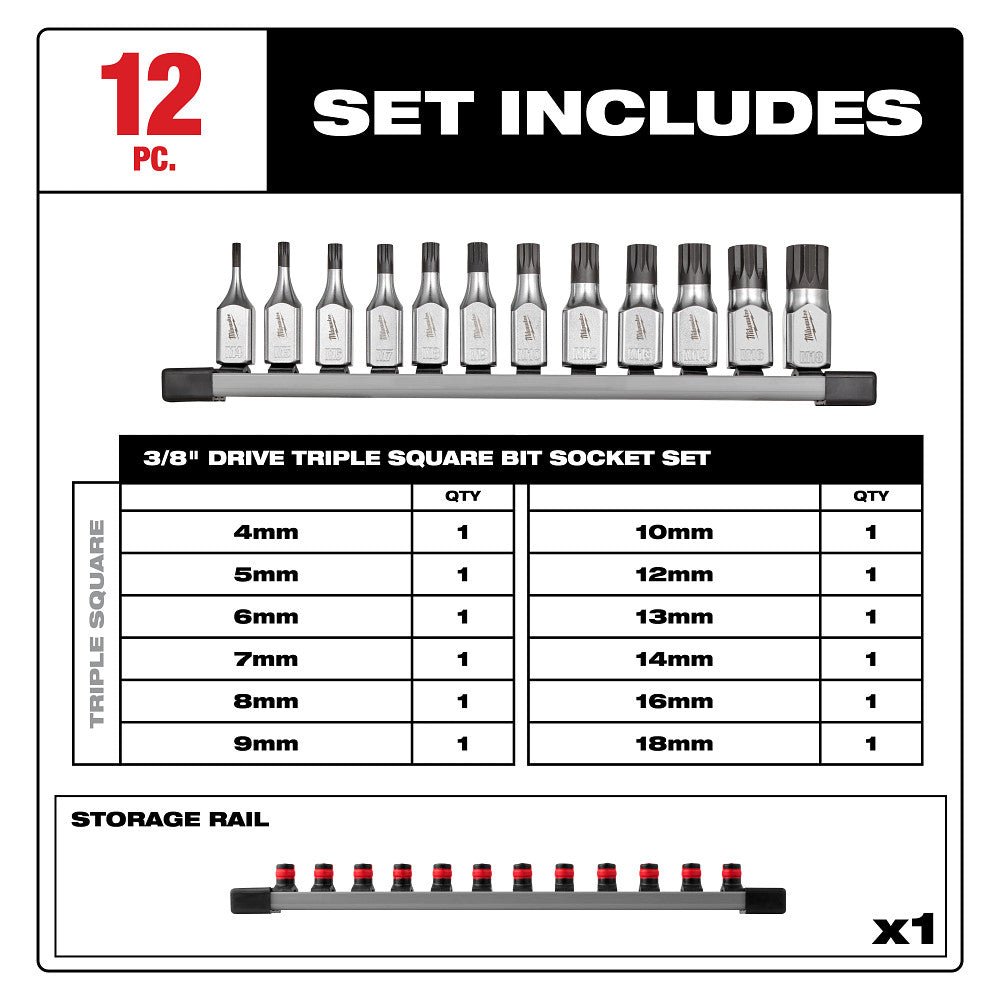 Milwaukee 48-22-9536 3/8" Drive Triple Square Bit Socket Set - 12 PC - Image 2