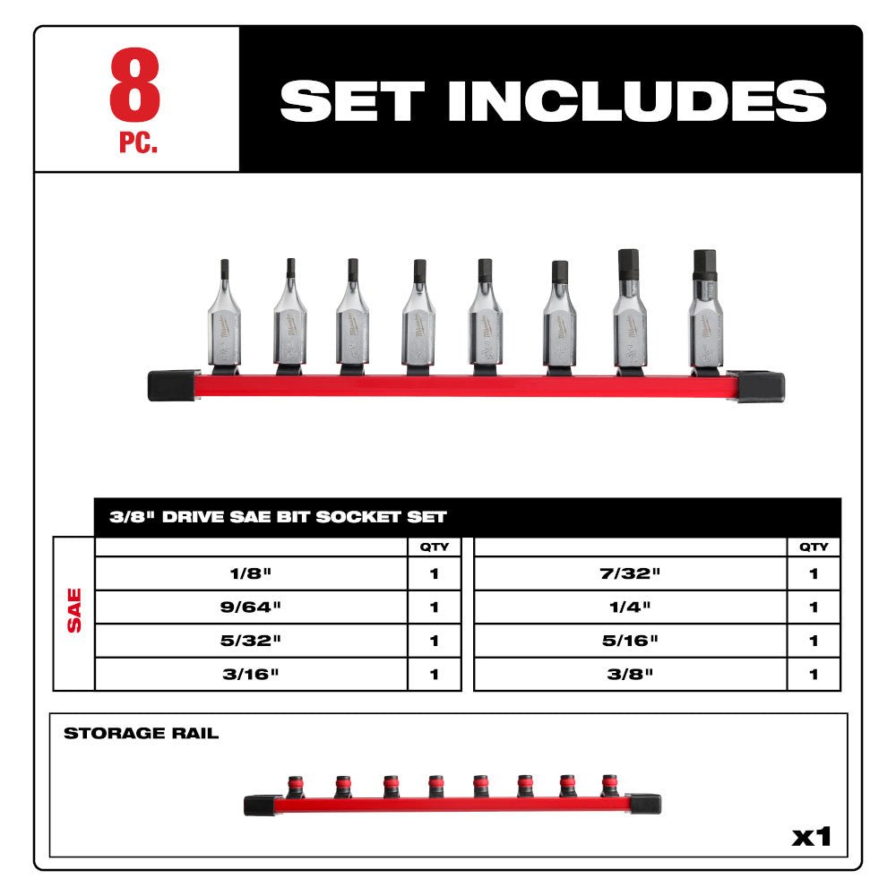 Milwaukee 48-22-9542 3/8" Drive Hex Bit Socket Set - SAE - 8 PC - Image 2