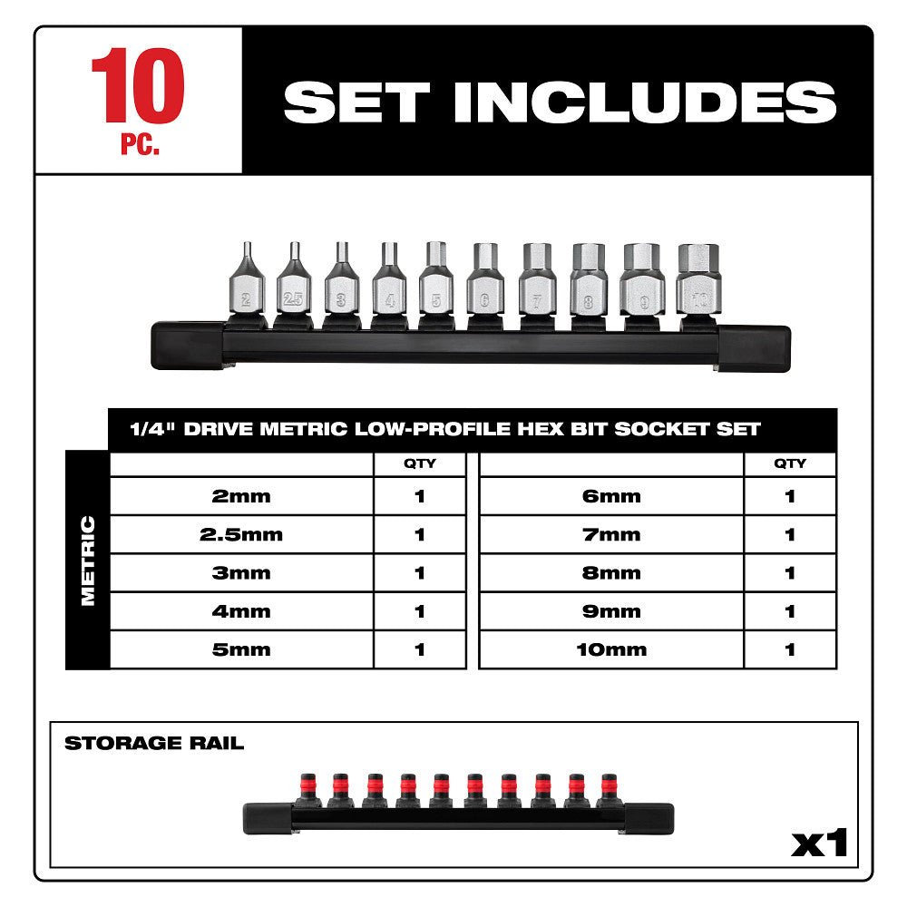 Milwaukee 48-22-9545 1/4" Drive Low-Profile Hex Bit Socket Set - Metric - 10 PC - Image 2