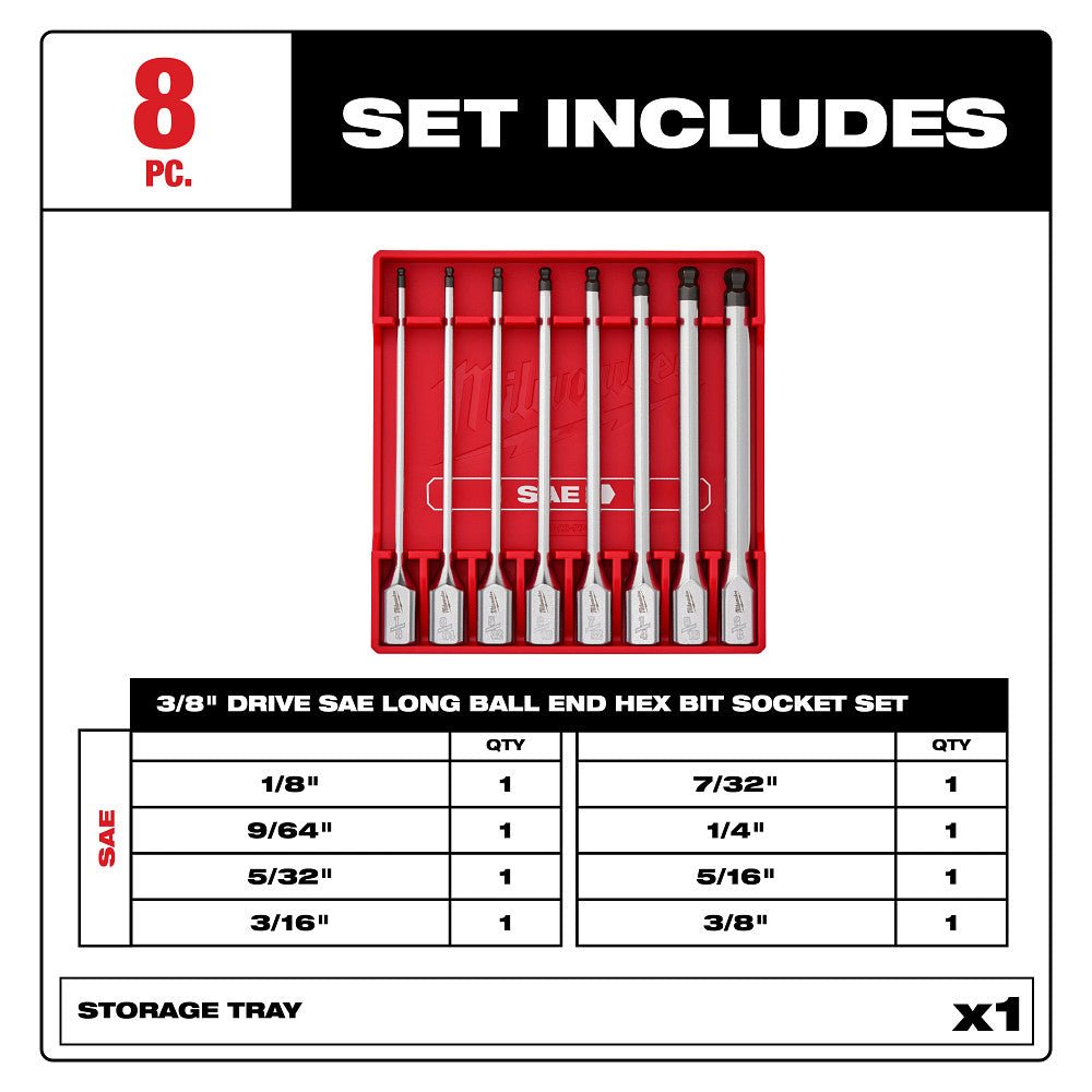 Milwaukee 48-22-9549 3/8" Drive Long Ball End Hex Bit Socket Set - SAE - 8 PC - Image 2
