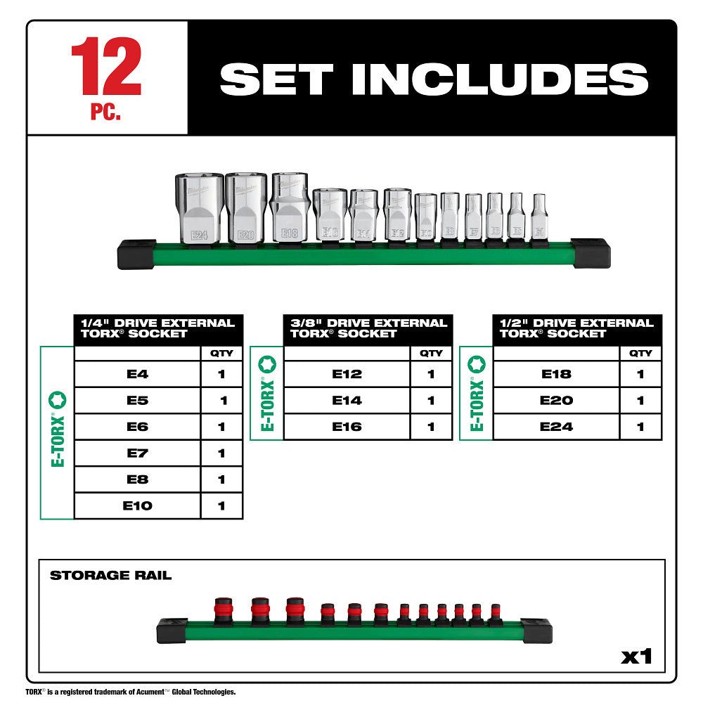 Milwaukee 48-22-9570 1/4" 3/8" & 1/2" Drive External Torx Sockets - 12 PC - Image 2
