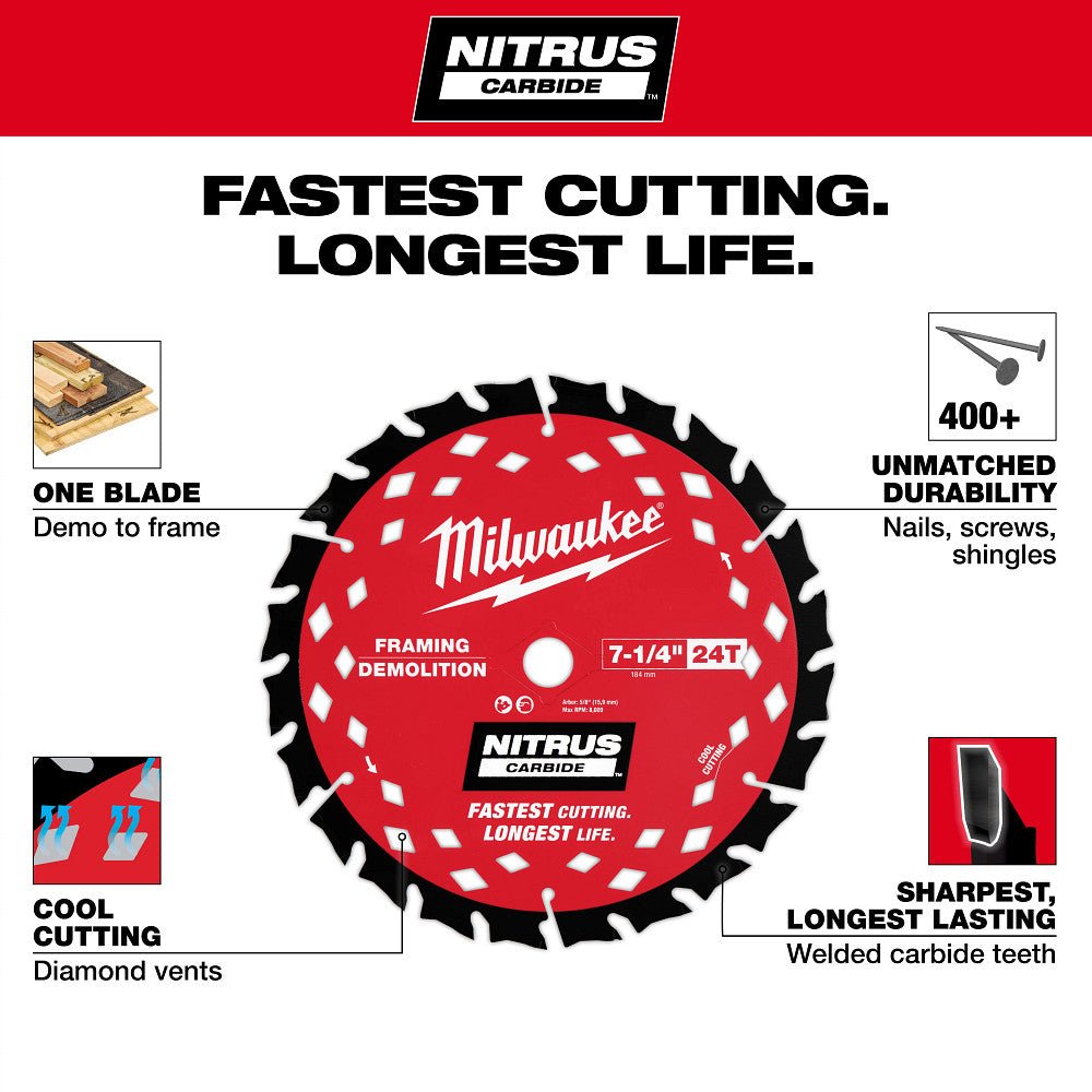 Milwaukee 48-40-0753 7-1/4” 24T NITRUS Carbide Framing Circular Saw Blade - 3 PK - Image 4