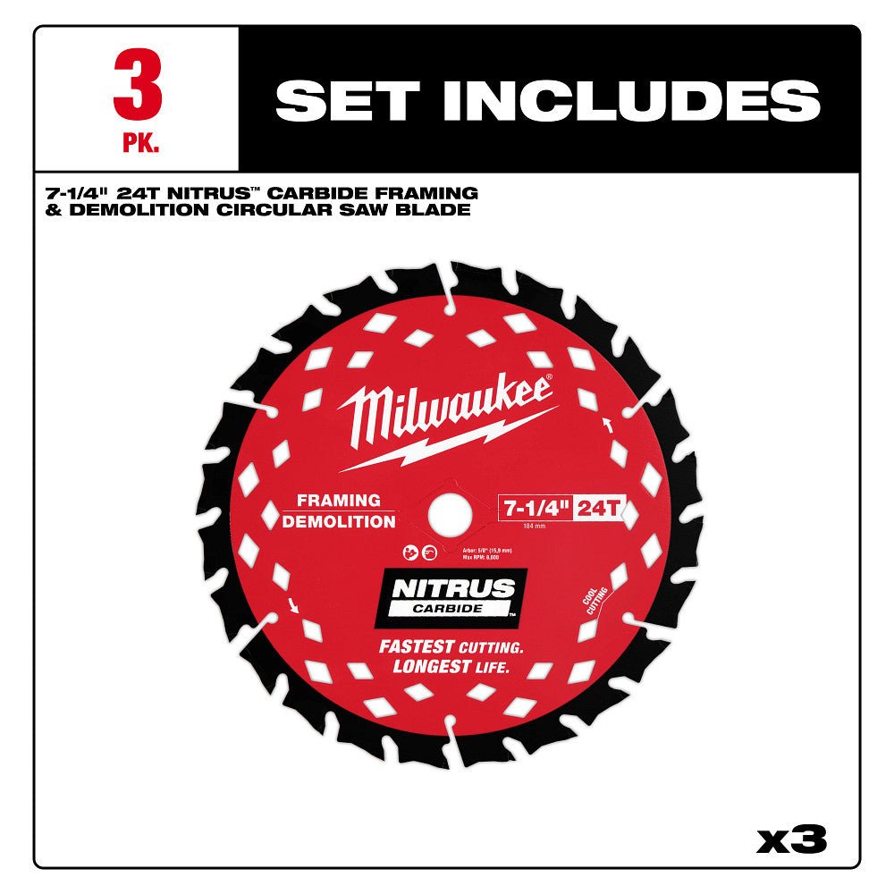 Milwaukee 48-40-0753 7-1/4” 24T NITRUS Carbide Framing Circular Saw Blade - 3 PK - Image 8