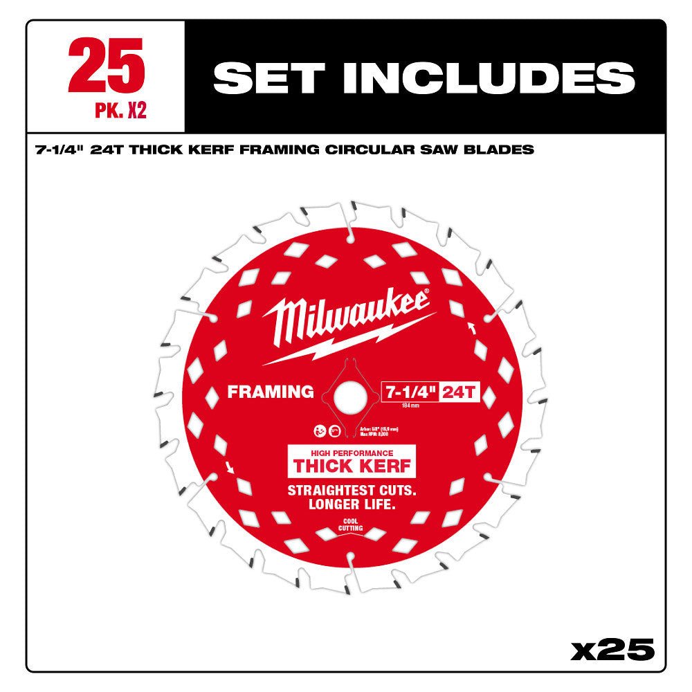 Milwaukee 48-40-2740x2 7-1/4" 24T Thick Kerf Framing Circular Saw Blade - 50 PK - Image 2