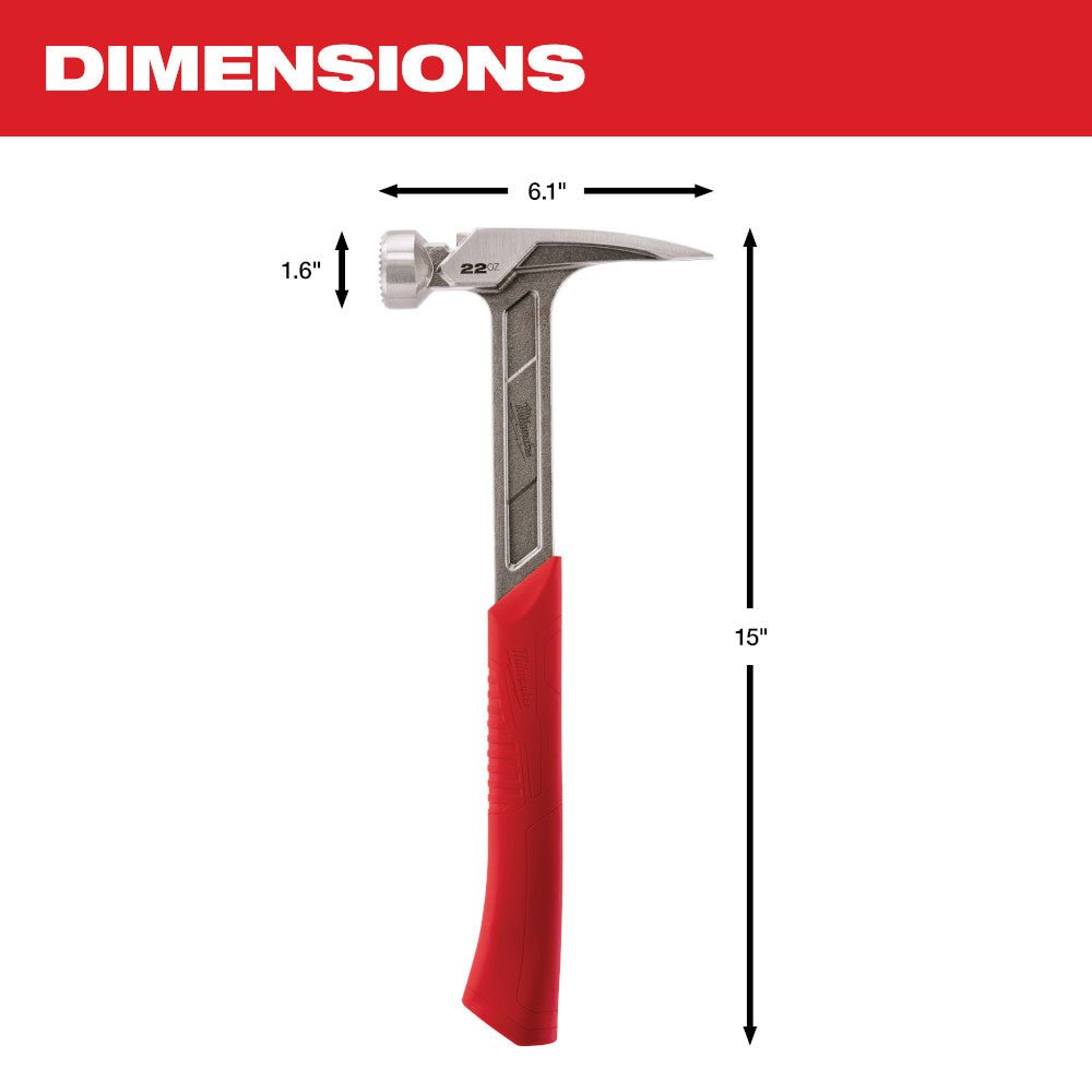 Milwaukee 48-22-9022 22oz Framing Hammer w/ 15" Pry Bar - Image 3