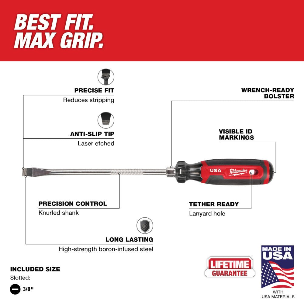 Milwaukee MT209 3/8" Slotted 8" Cushion Grip Screwdriver - Made In USA - Image 3