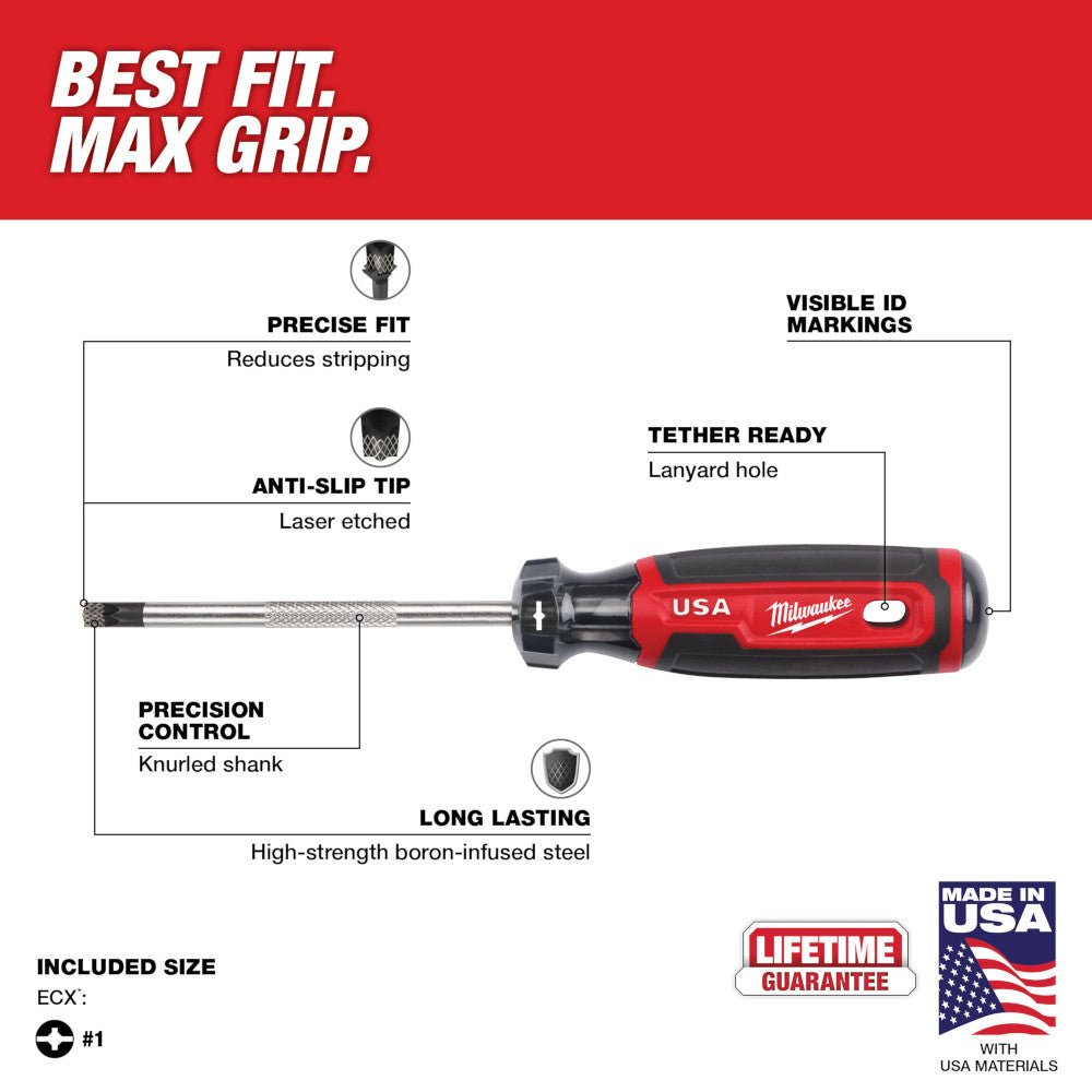 Milwaukee MT215 #1 ECX 4" Cushion Grip Screwdriver - Made In USA - Image 3