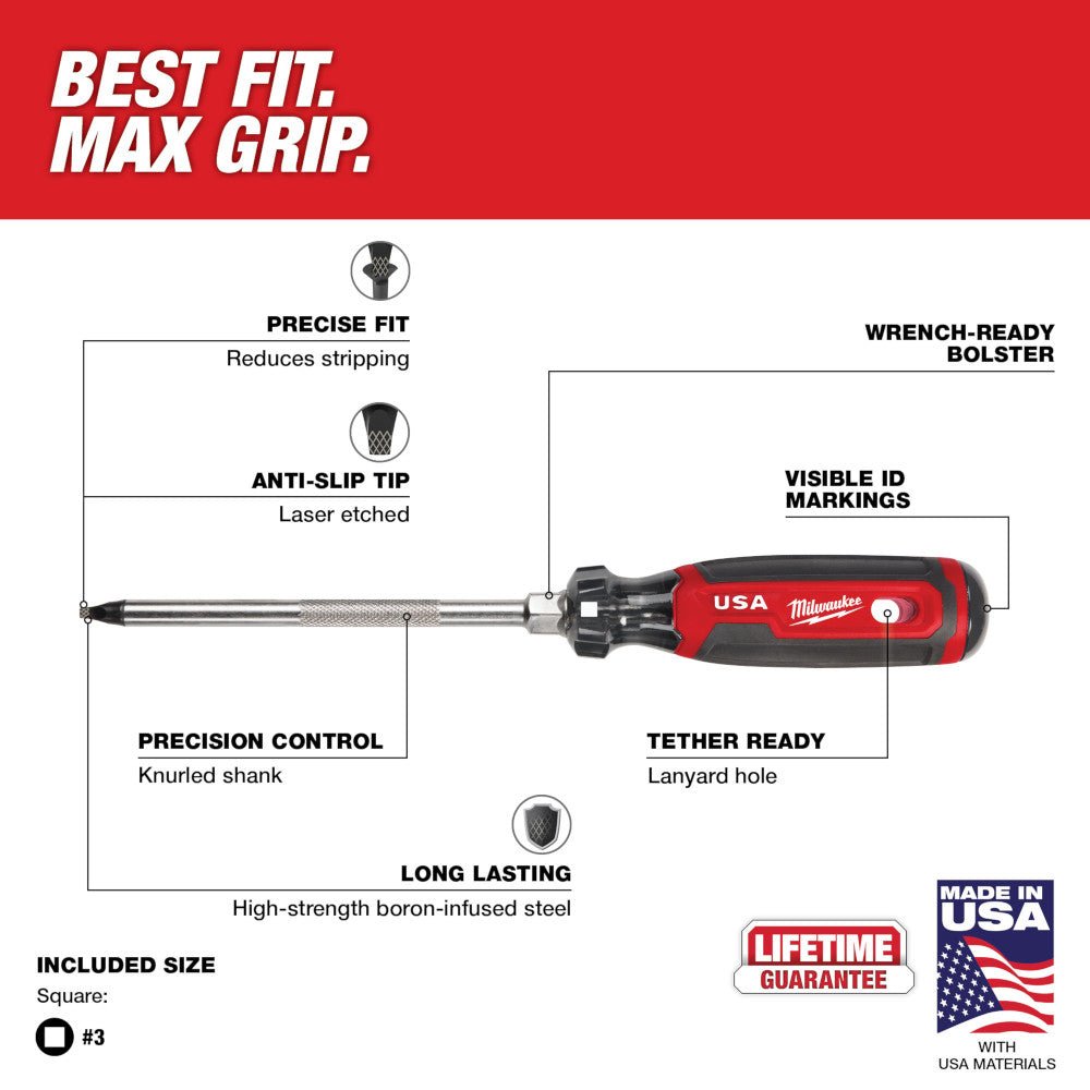Milwaukee MT219 #3 Square 6" Cushion Grip Screwdriver - Made In USA - Image 3