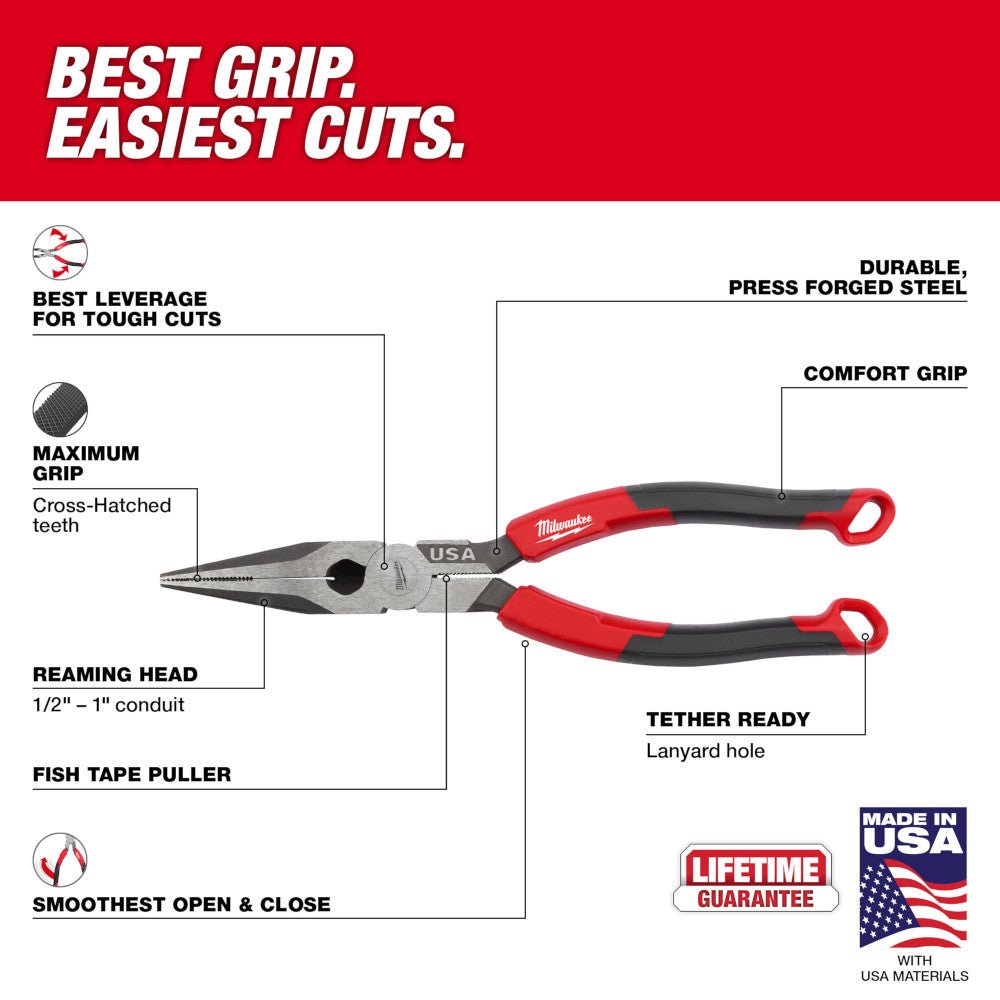 Milwaukee MT555 8" Long Nose Comfort Grip Pliers - Made In USA - Image 3