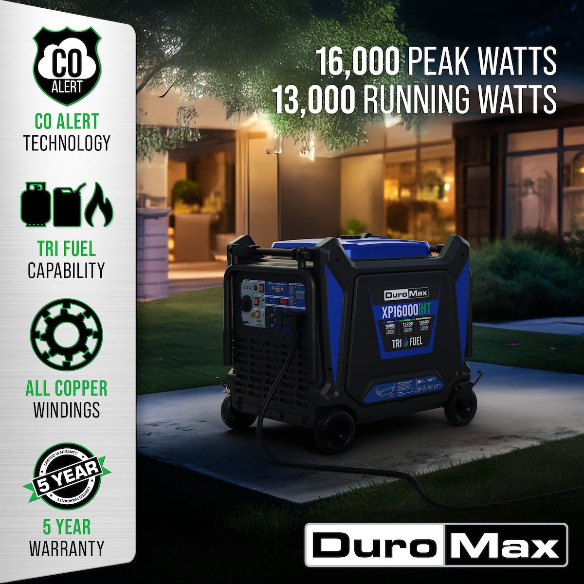 DuroMax XP16000iHT 16,000 Watt Tri Fuel Portable Inverter Generator - Quiet, Low THD - Image 2