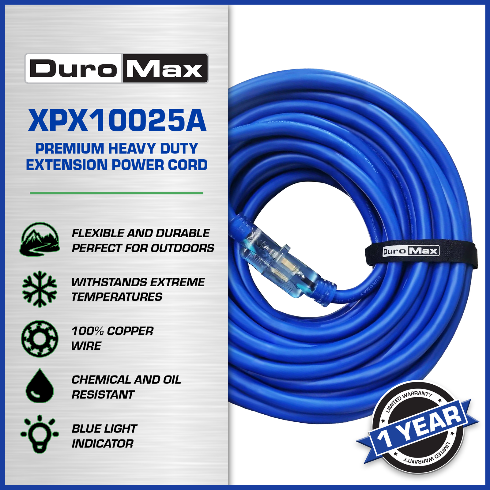 DuroMax XPX10025A Heavy Duty SJEOOW 25-Foot 10 Gauge Blue Single Tap Extension Power Cord - Image 2