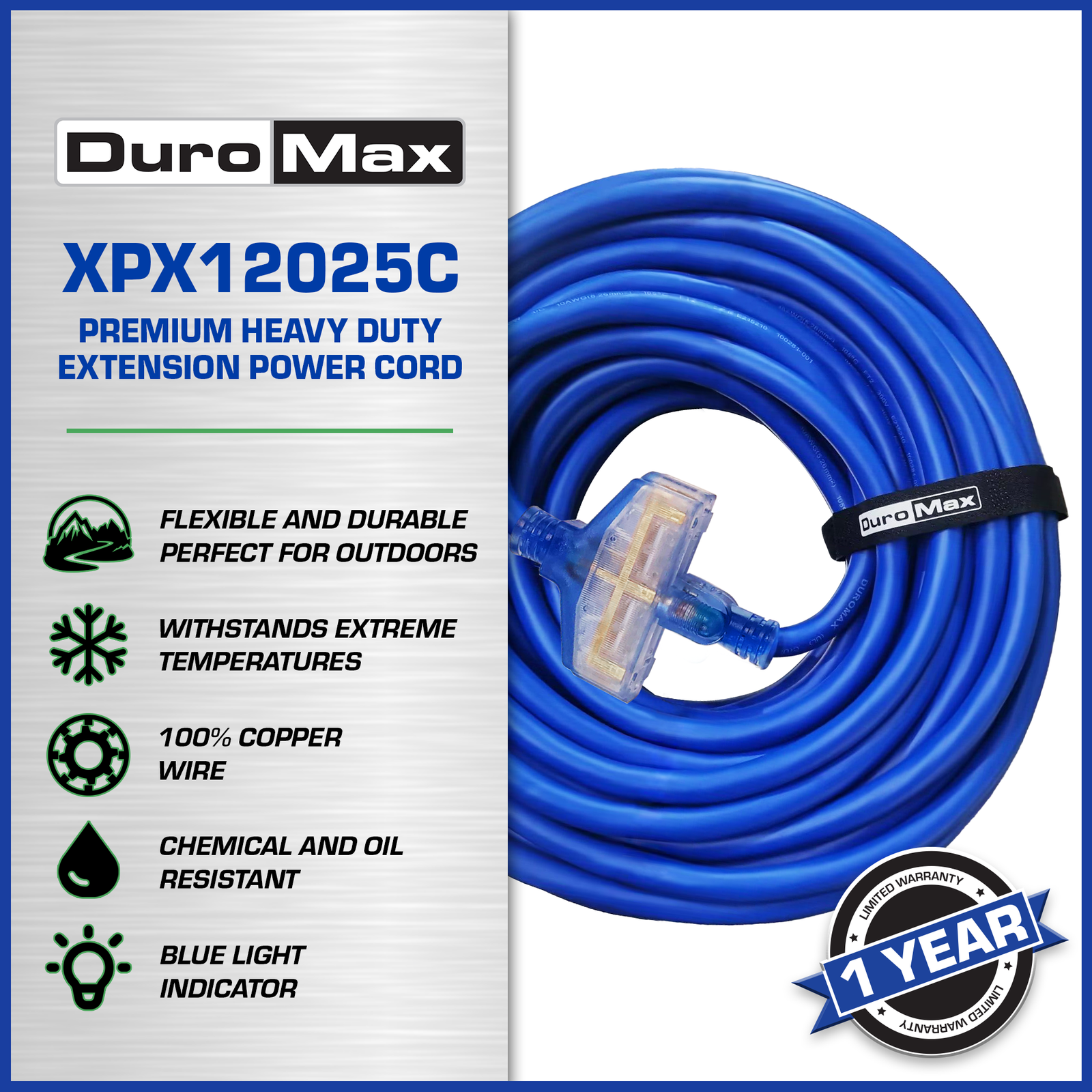 DuroMax XPX12025C Heavy Duty SJEOOW 25-Foot 12 Gauge Blue Triple Tap Extension Power Cord - Image 2