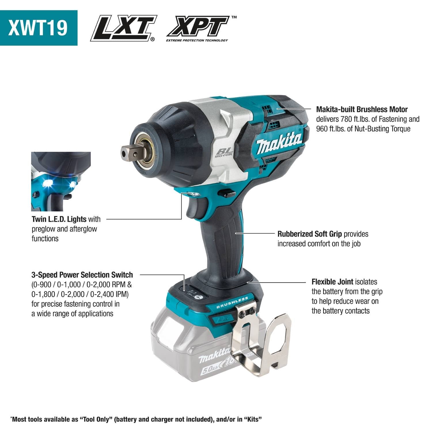 Makita XWT19Z 18V LXT 1/2" Sq. Drive Impact Wrench w/ Detent Anvil - Bare Tool - Image 2